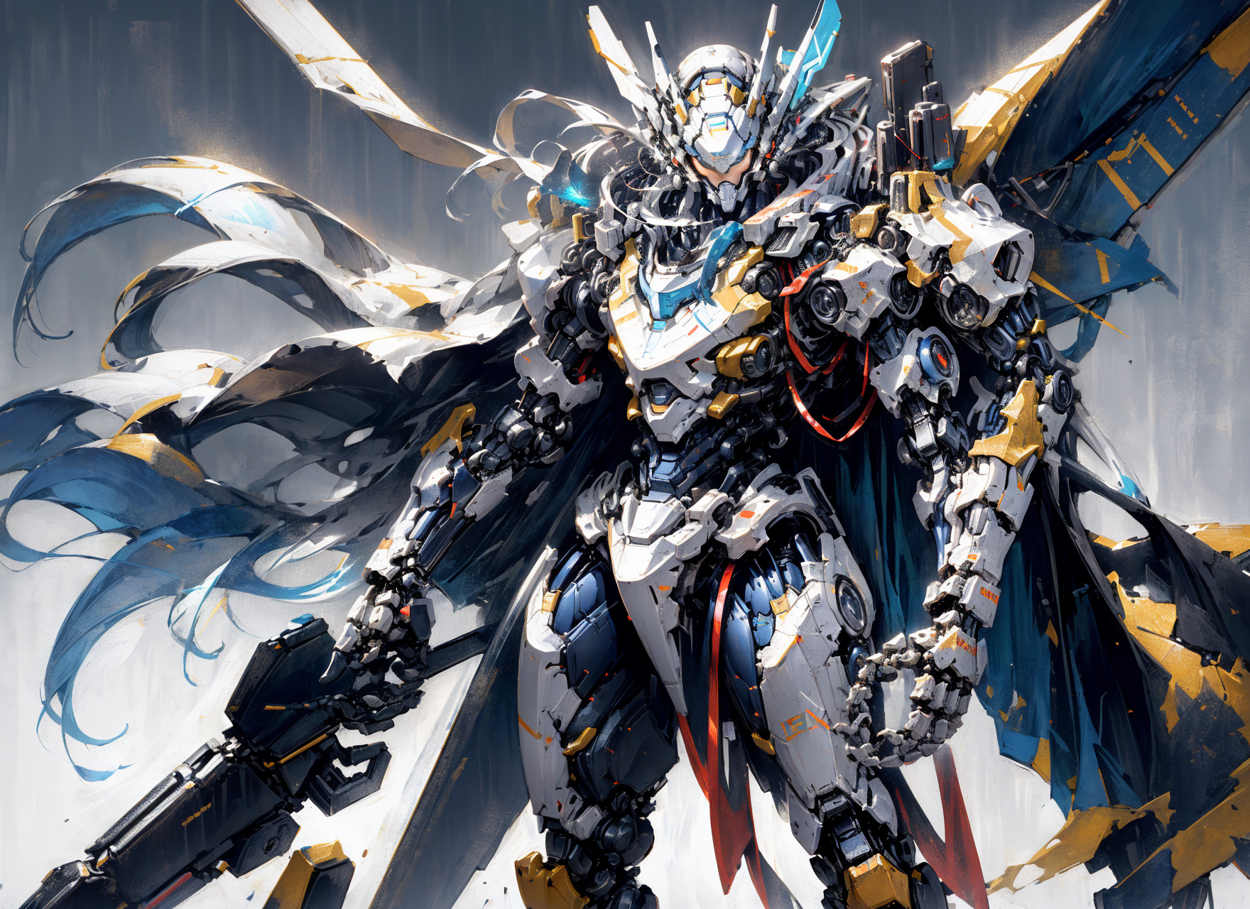 22072398-931362620-cgmech,__solo, white mecha robot, cape, science fiction, torn clothes, glowing, standing, robot joints, mecha, armor, cowboy sho.png